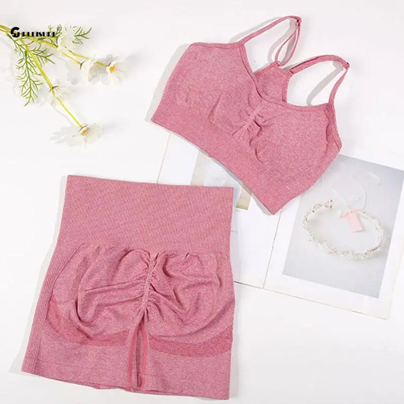 CHRLEISURE Seamless Sports Set Women's 2PCS Yoga Suit Fitness Bra with Cycling Shorts Gym Elastic Workout Outfit Activewear