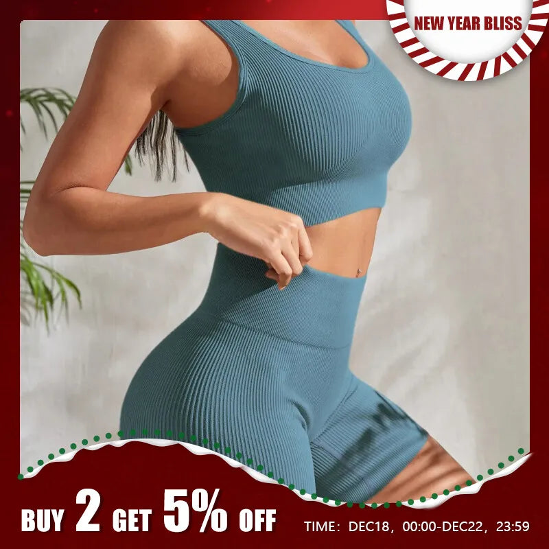 Seamless Ribbed Yoga Sets Workout Sets for Women 2 Pieces Gym Suits Ribbed Crop Tank High Waist Shorts Outfits Fitness Running